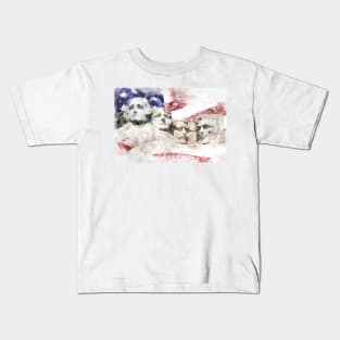 Mount Rushmore with American flag waving in background watercolor Kids T-Shirt